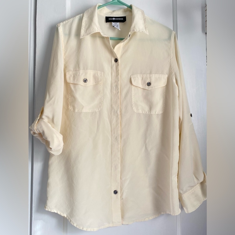 Sag Harbor Silk Long or Roll Sleeve Button Down Blouse Size: 10